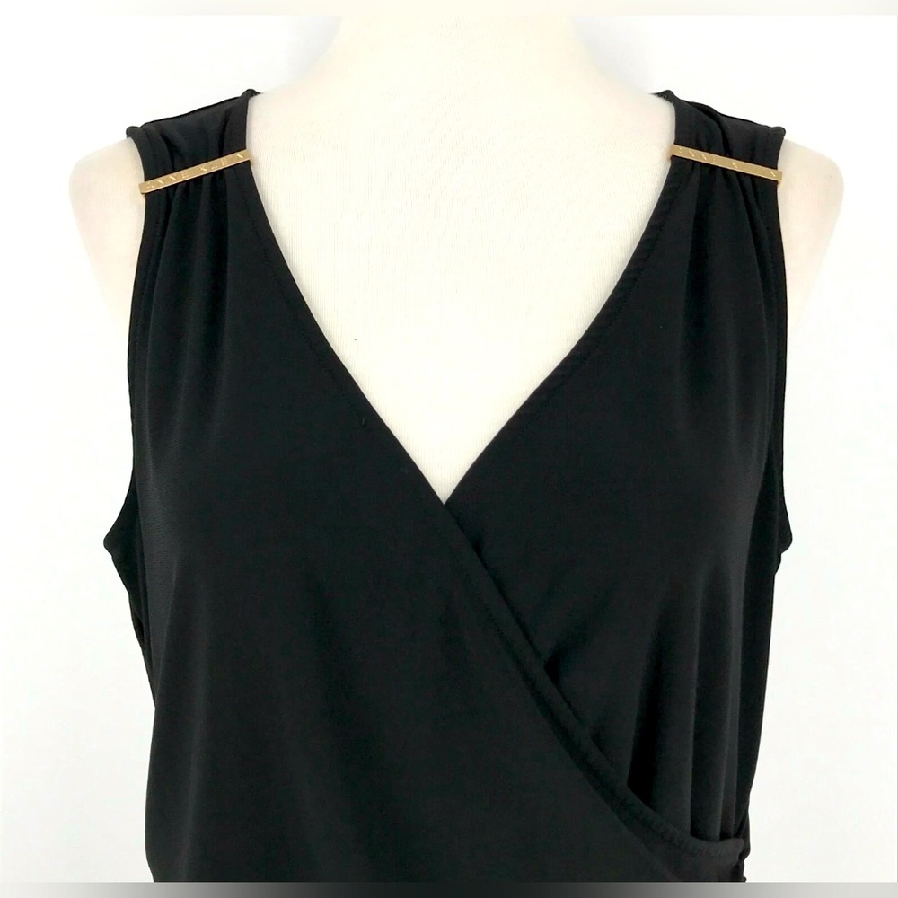 Anne Klein Black Shirred, Surplice-Neck Blouse w/Gold Logo Shoulder Detail. Sz L